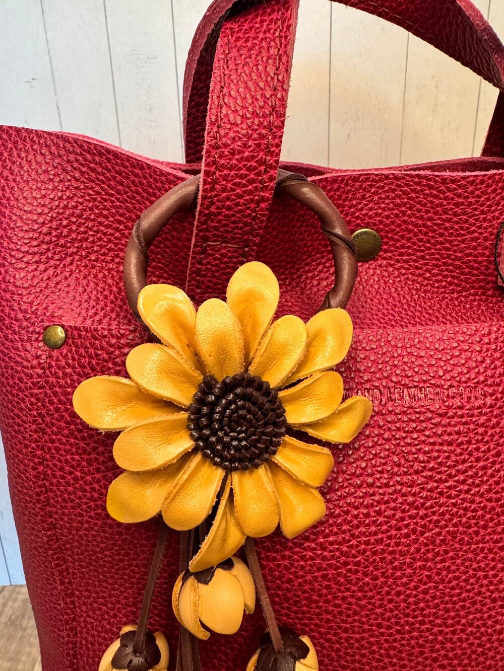 Leather Tan Daisy Purse Charm Genuine Leather Neutral Beige Flower Bag Charm